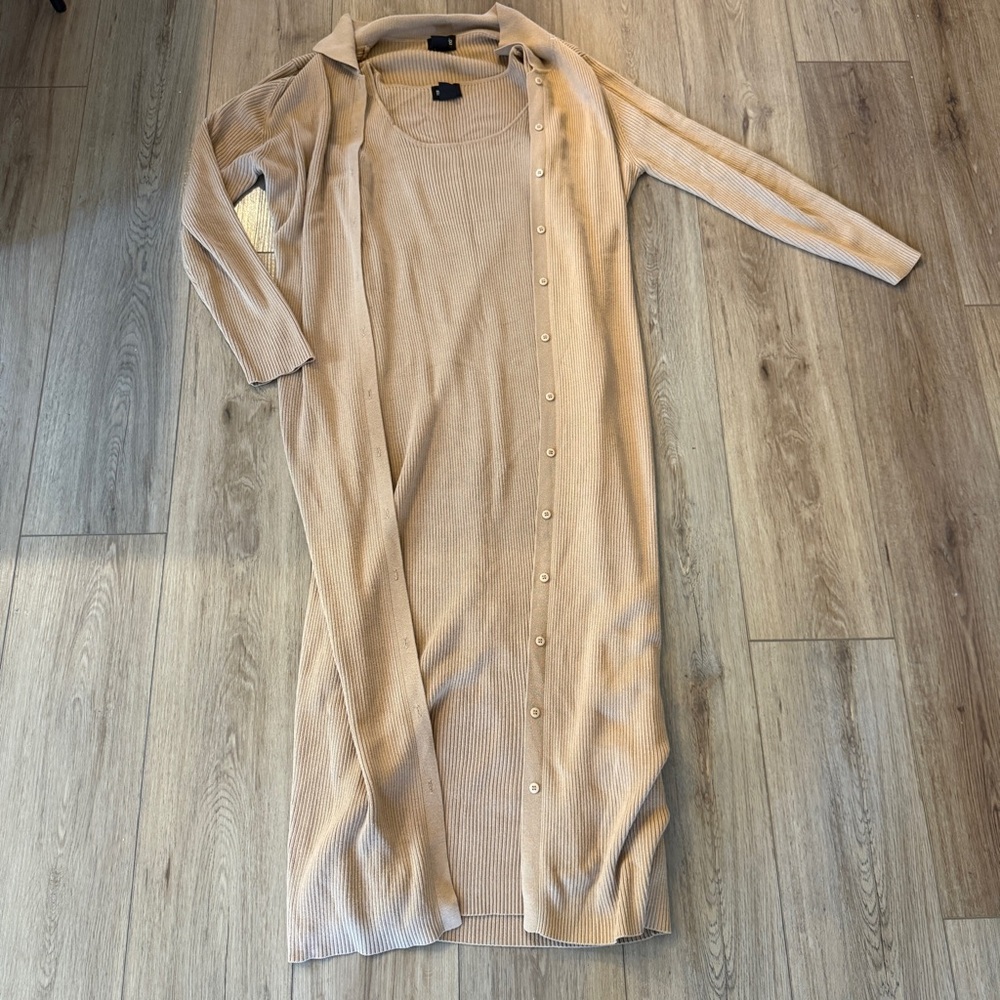 Metrostyle 2Pc Ribbed Knit Dress Cardigan Set Tan Beige Size M